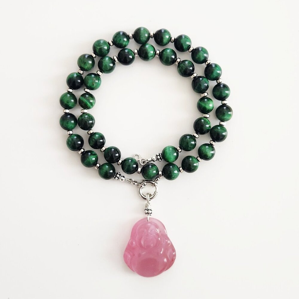 GREEN TIGERS EYE NECKLACE W/ HAPPY BUDDHA PENDANT--16"
